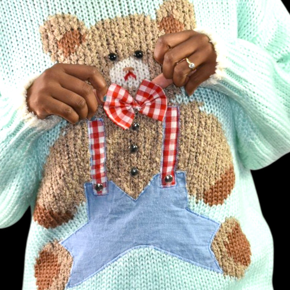 Vintage Far Near Teddy Bear 3D Sweater Green Pastel Textured Camp Novelty Large - Picture 4 of 16